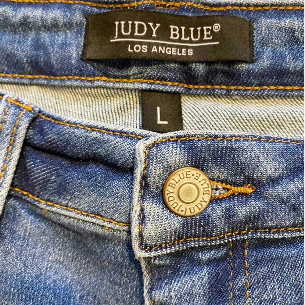 Judy Blue Medium Wash Distressed Jean Shorts with Sun Embroidery - Picture 10 of 13